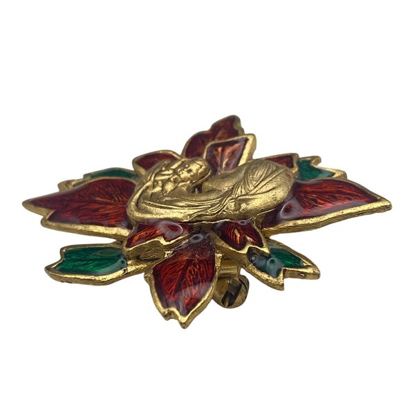 Christmas Virgin Mary Baby Jesus Brooch Pin Enamel Poinsettia 2" Religious - Picture 7 of 7